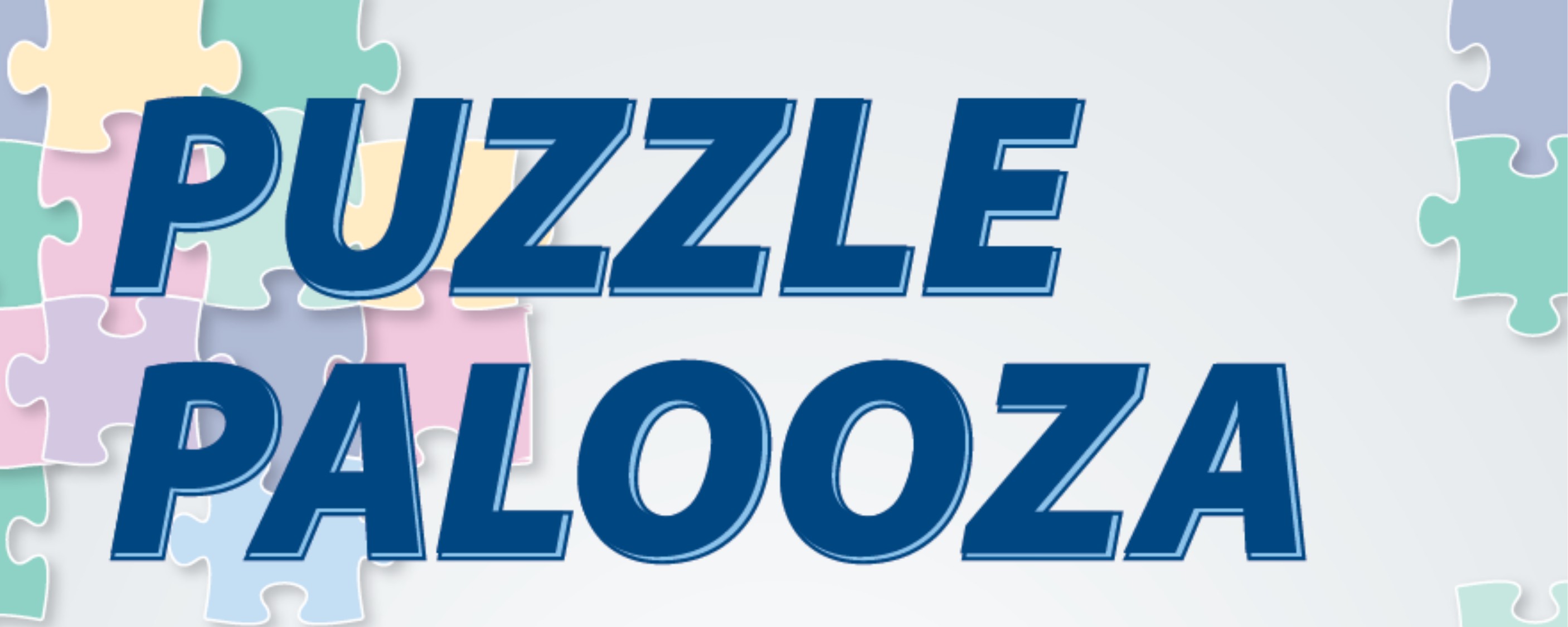 Puzzle Palooza logo with pastel puzzle pieces in the background and then event name in dark blue
